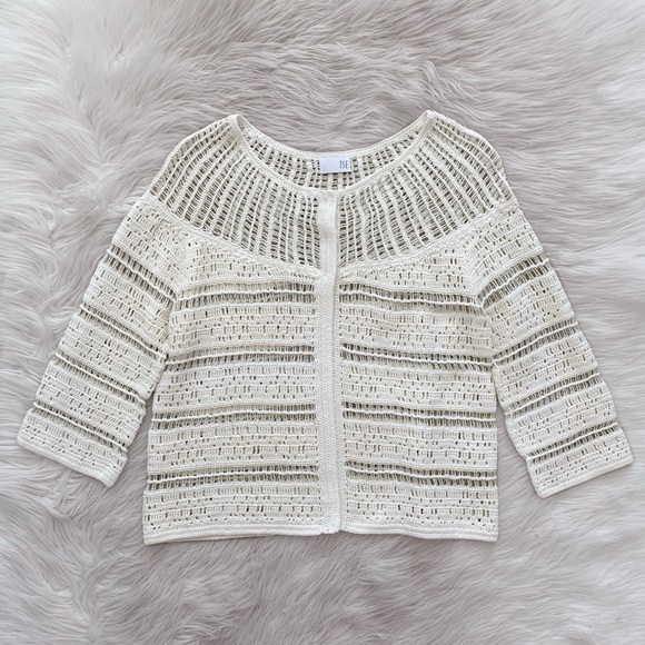 TSE Cream White Corchet Cotton Linen Crochet Cardigan Jacket Shawl Lagenlook - Picture 1 of 10